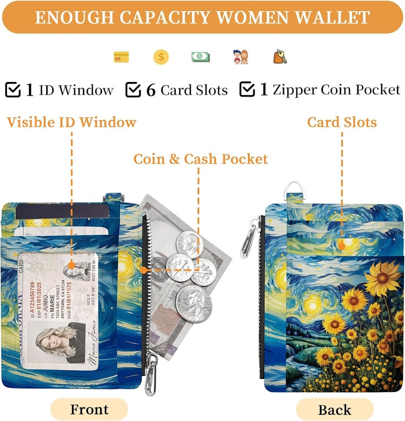 Hancynir Slim Wallet Women Credit Card Holder Sunflowers RFID Small Mini Card Case Front Pocket PU Leather Thin Travel Zipper Coin Cash ID Window Ladies Female Wallet Gifts - Image 5